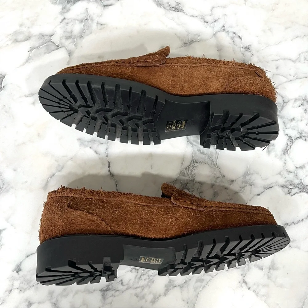 Maeve Brown Lug Suede Loafers Textured Raw Leather Natural Furry Penny Chunky 38